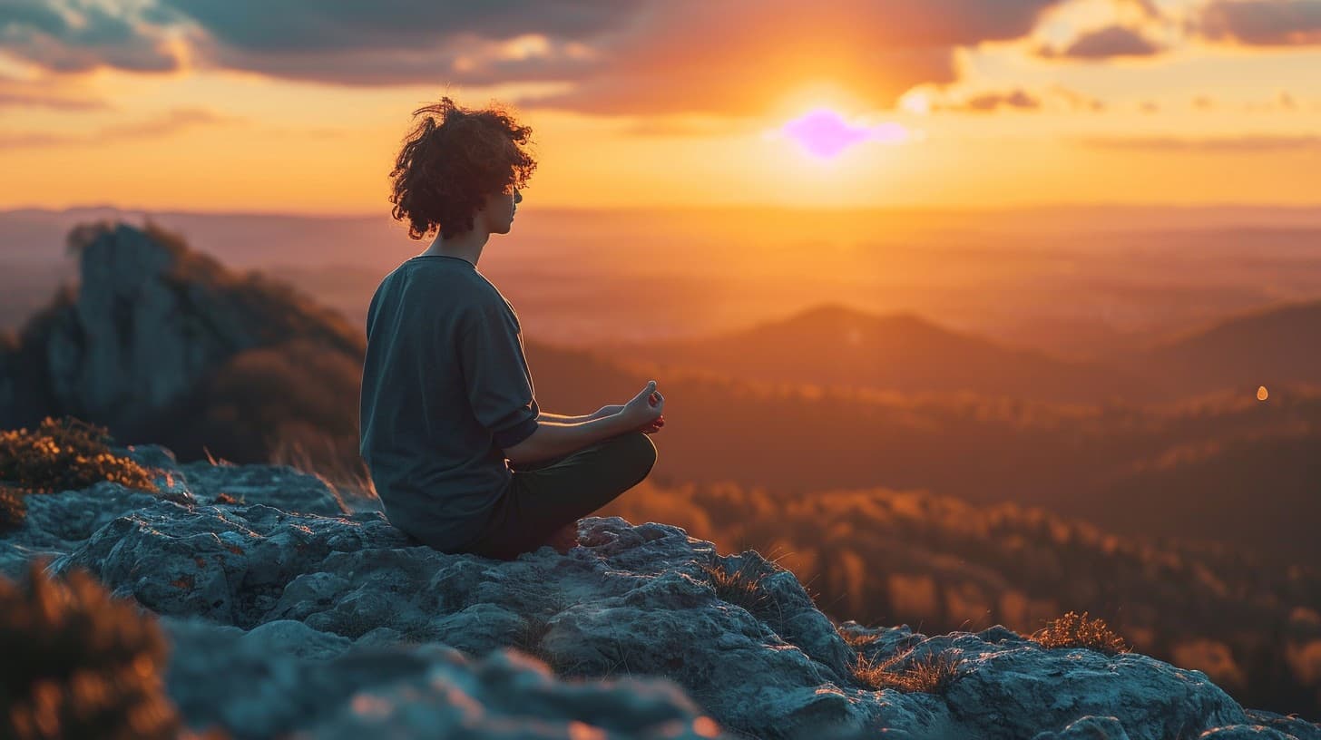 Person meditating on a mountain top at golden sunset